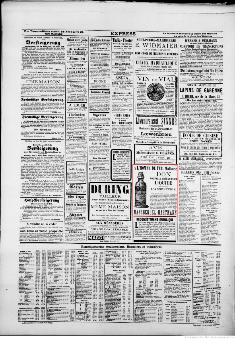 Journal L'Express de Mulhouse du 22 mars 1893 (p.4) : don, nouvelle prépération liquide pour nettoyer l'argenterie.